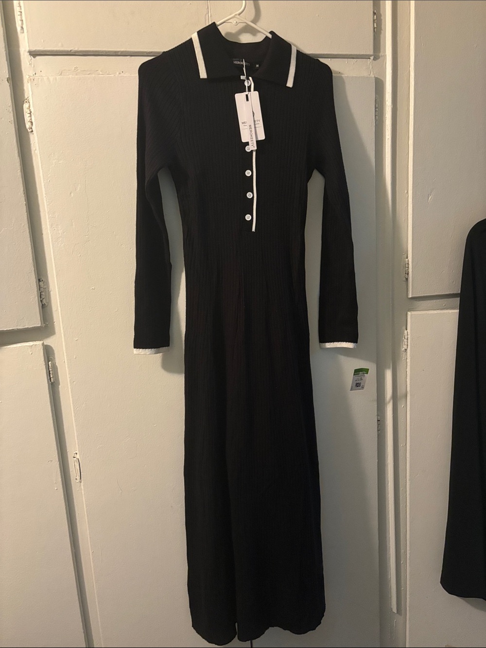 Black Long-Sleeve Polo Maxi Dress with White Trim